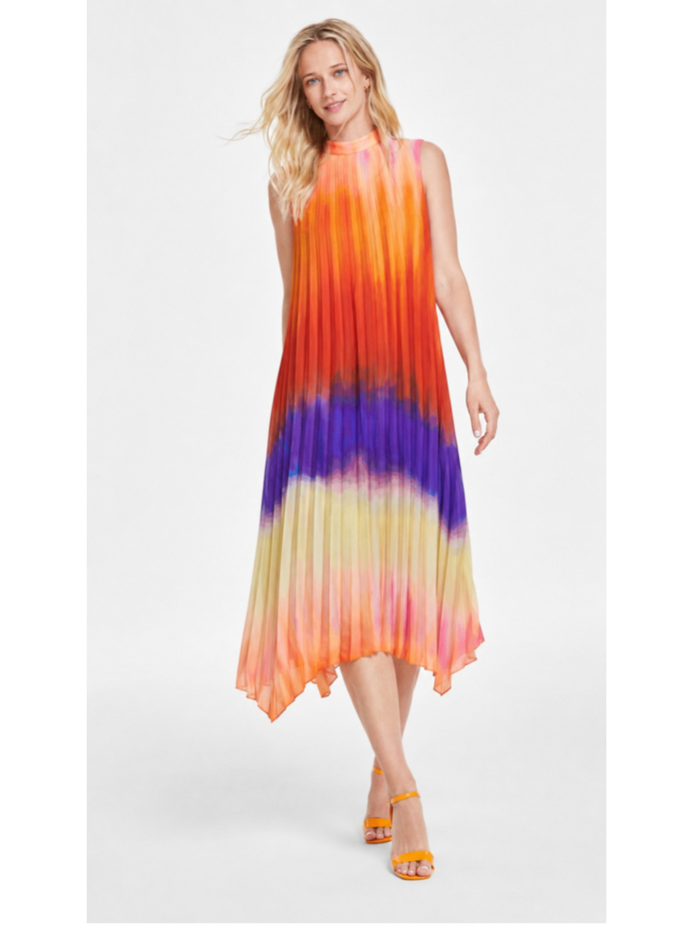 Tahari ASL Size 4 Pleated Watercolor Colorblock Pleated Midi Dress NWT